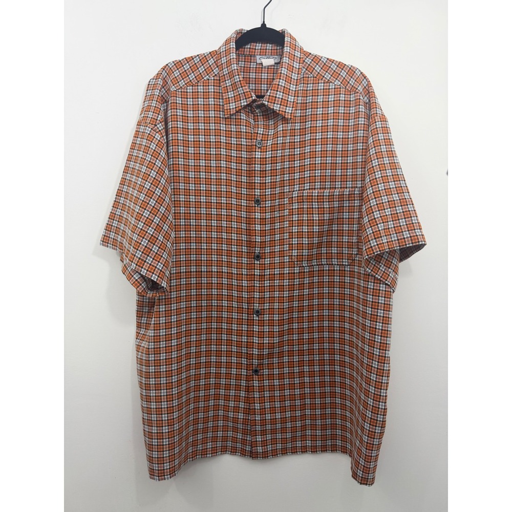 CalTop Mens Plaid Short Sleeve Button Down Shirt Orange Black White Made in USA